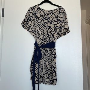 Akiko Silk Beige Blue Belted Mini Dress XS